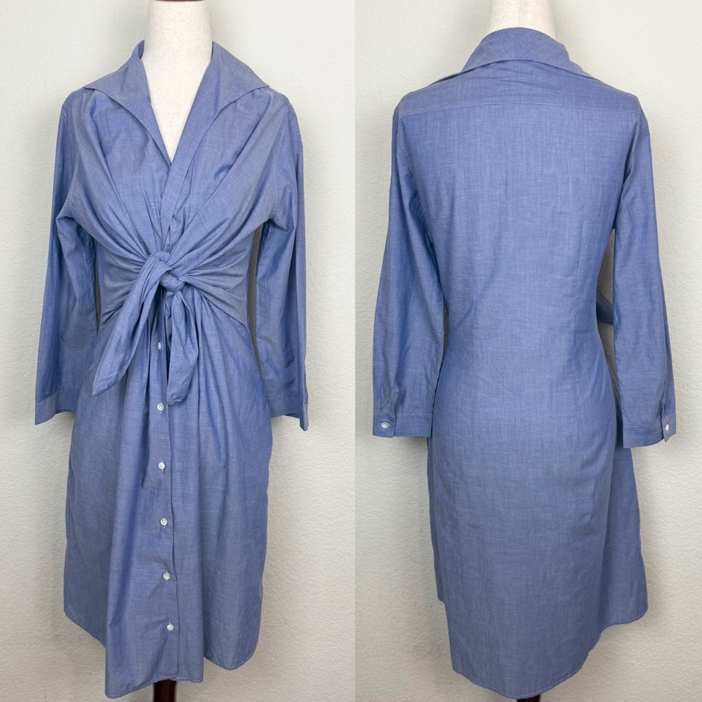 Sara Roka Tie Front Midi Button Down‎ Blue Cotton Shirtdress